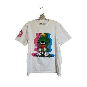 Looney Tunes Marvin the Martian T-Shirt Men’s M 3D Suede Patch Graphic White Tee